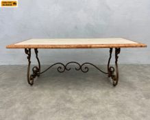 A French 19th century wrought iron coffee table with thick marble top. H.51 W.131. D.60cm.
