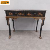 A C.1900 Chinese export black lacquered chinoiserie desk or writing table having a hand painted