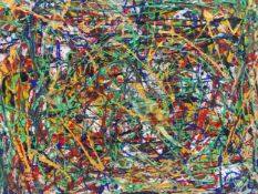 An oil on canvas laid on board, Action Art composition in the style of Jackson Pollock, gilt framed.