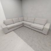 A modern two section corner sofa upholstered in calico. H.43 seat. 257 x 298cm D.89cm