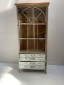 An Industrial style pine and galvanised metal cabinet with upper glazed section above drawers to