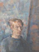 Michael Wharton (1933-1997), a large framed oil on canvas, male portrait with label to the