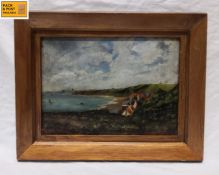 An early 20th century oil landscape on board titled 'Sandsend, Whitby in Distance', unsigned in a