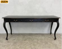 A contemporary distressed 'Blacktop' console table in the French 19th century style with three brass