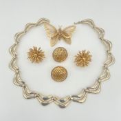 Monet necklace, two pairs of clip on earrings and a butterfly brooch all stamped, longest 38cm.
