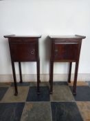 A pair of bedside cabinets of Chinese influence. H.75 W.39 D.34cm. (Damage to one handle as seen).