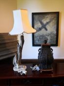 A vintage driftwood table lamp with shade along with a Chinese bronze lamp base of baluster form.