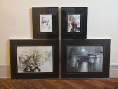 Two pairs of Chinese watercolours, cranes and village scenes, signed framed and glazed. 46x57cm.