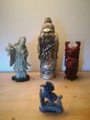 A Chinese carved jade Guanyin figure, a carved stone horse and two carved and painted Chinese