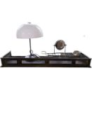 A 1960's chrome and glass table lamp by Durlston designs, an Art Deco chrome bath bridge with fitted