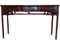 A Chinese hardwood altar table fitted with frieze drawers on circular section supports. H.92 W.152