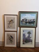 A watercolour, harbour scene signed Corrie, a mid-century watercolour garden with wisteria and a