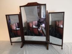 An Edwardian mahogany and satinwood inlaid triptych dressing table mirror. H.75 W.94cm.