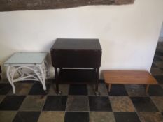 A mid-century small coffee table with maker's label to the underside, a vintage trolley and a loom