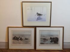 A Jonathan Sainsbury watercolour of a snipe, signed, framed and glazed and a pair of Archibald
