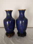 A pair of Chinese cloisonne baluster shaped vases on carved hardwood bases. H.27cm.