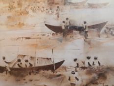 Paco Gorospe (1939-2002), a large oil on canvas, fishermen with their boats, signed framed and