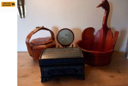 A Chinese lidded and painted rice bucket, a painted fitted jewellery box, a glazed tapestry on stand