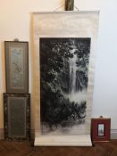 A Chinese painting on panel; immortal and emperor figures, two silk embroidered panels, framed and