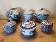 A collection of Chinese blue and white lidded jars. H.24cm. (Tallest).