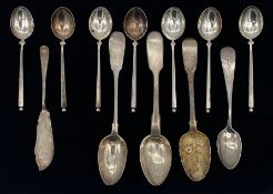 A mixed collection of English and Russian hallmarked silver spoons to include a set of seven