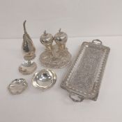 A mixed collection of silver to include a .800 engraved tray, rosewater sprinkler, double spice