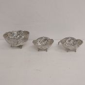 Three .925 sterling silver hallmarked repousse salt cellars or bonbon dishes with marks. Total