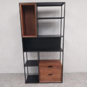A contemporary retro styled floor standing open bookcase in teak and metal. 181 x 91 x 35cm