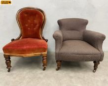 A C.1900 Howard style tub or easy armchair with scrolled calico upholstered back and arms raised