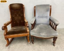 A Victorian mahogany framed library armchair with scrolled velour upholstered back and serpentine