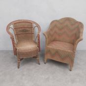 A vintage Lloyd Loom style woven armchair with polychrome zig-zag pattern by Sirrom with maker's