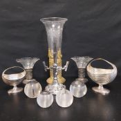A mixed collection of glass and metal to include a pair of sterling silver mounted cut glass trumpet