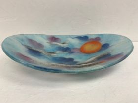 A vintage hand blown Murano glass centrepiece dish with stylised sun and seagull decoration in