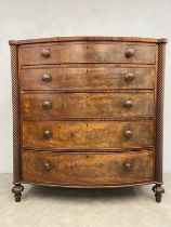 A Regency mahogany bowfronted chest of five long drawers flanked by spiral twist pilasters. H.132