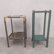 Two vintage side tables to include one with brass mounted chrome supports inset with mirrored