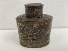 A 19th century silver plated Chinese tea caddy decorated with willow pattern scenes of figures on