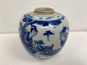 A 19th century Chinese hand painted blue and white porcelain ginger jar with apocryphal Kangxi