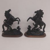 A pair of vintage bronzed spelter Marly Horse figure groups after the 18th century Carrara marble