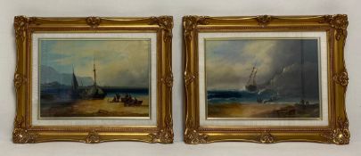 A pair of 19th century oil paintings depicting ships in coastal landscapes. Both framed and
