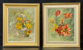 Two framed oil paintings on board, flower studies, signed Elizabeth Davis. H.64 W.54cm