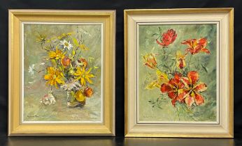 Two framed oil paintings on board, flower studies, signed Elizabeth Davis. H.64 W.54cm