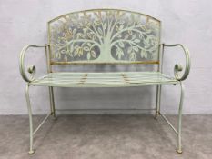 A contemporary painted metal two seater garden bench. H.100 W.103 D.51cm.