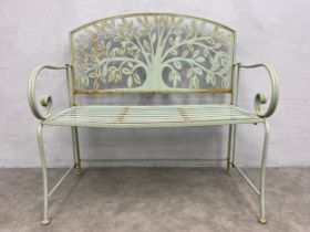 A contemporary painted metal two seater garden bench. H.100 W.103 D.51cm.
