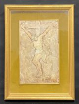 A mid-century oil painting on board depicting an abstracted crucifixion of Chirst, signed and