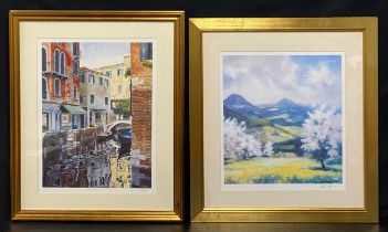 A contemporary signed limited edition lithograph depicting a Venetian canal scene titled '