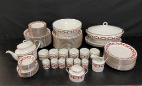 A near complete contemporary Catene Scarlatto porcelain dinner and tea service for twelve place