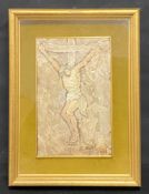 A mid-century oil painting on board depicting an abstracted crucifixion of Chirst, signed and