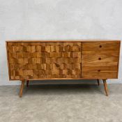 A contemporary Swoon Editions 'Terning' mango wood sideboard in the mid-century style with a pair of