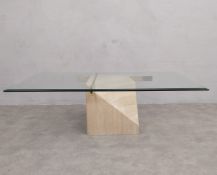 A mid-century Italian travertine stone and chrome coffee table with square plate glass top by