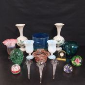 A mixed collection of glass to include a pair of vases, four millefiori style paperweights and